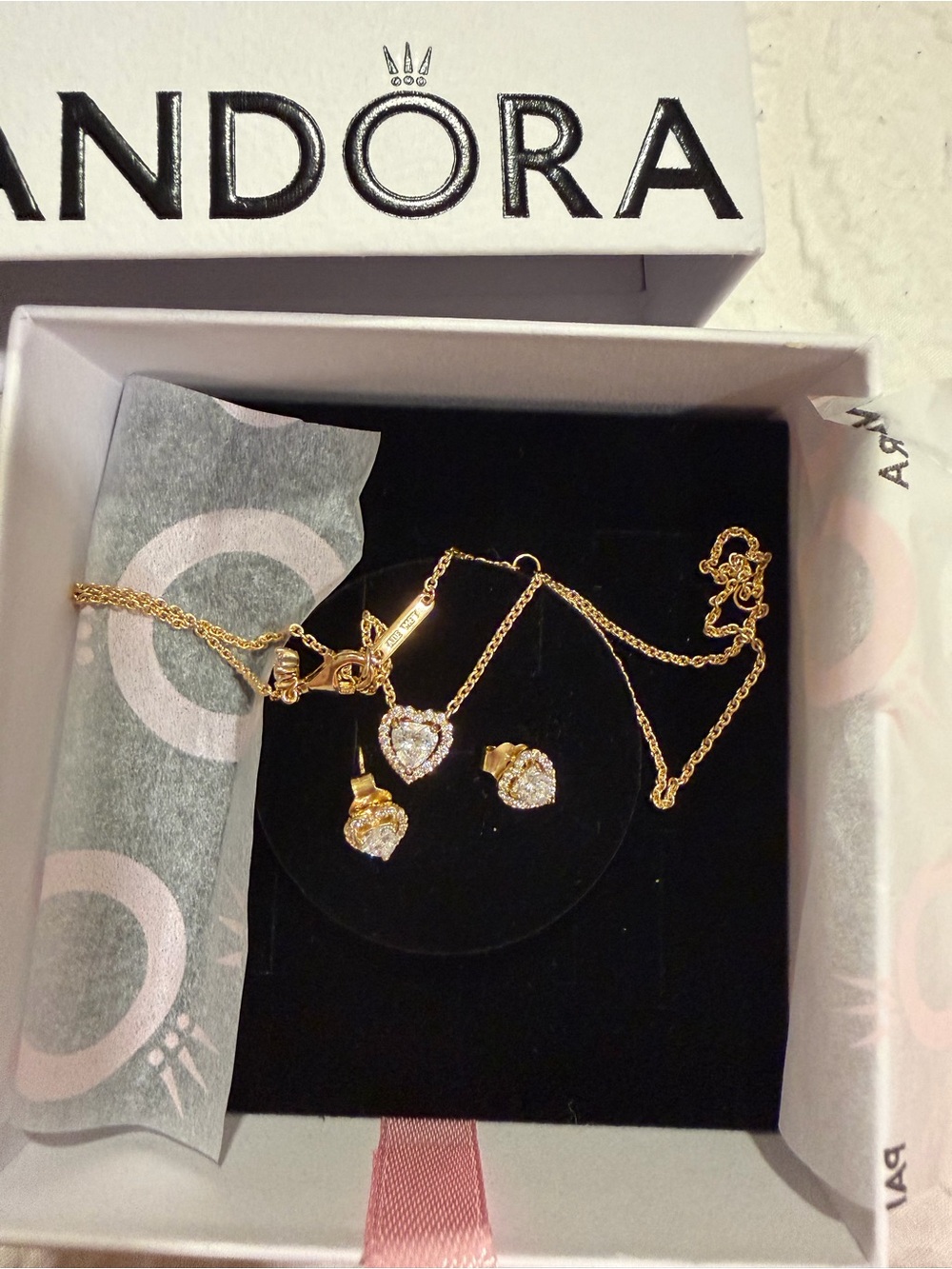 Pandora Gold Heart Pendant Necklace with CZ Stud Earrings